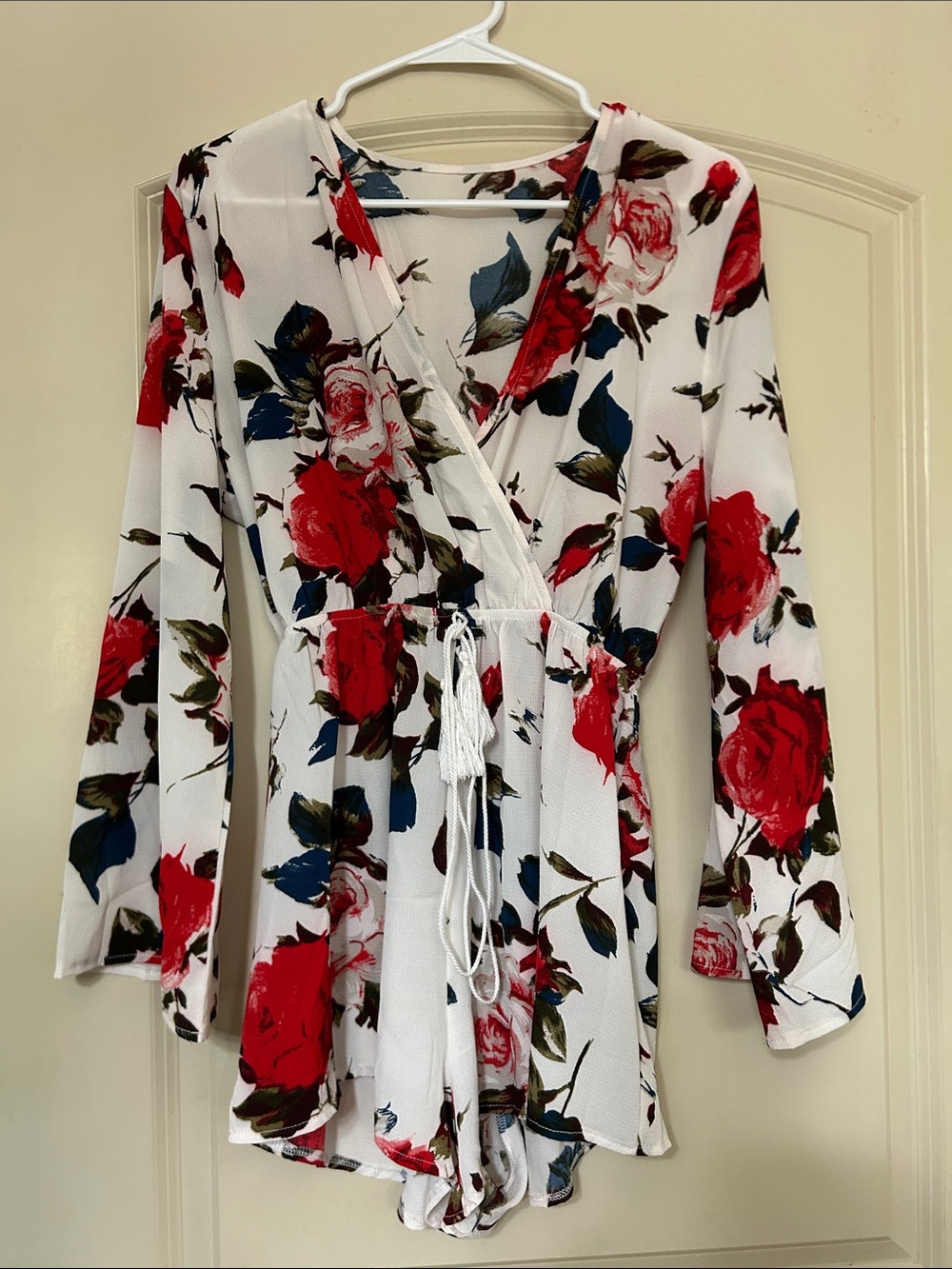 Floral Wrap Romper in White with Red Rose Print